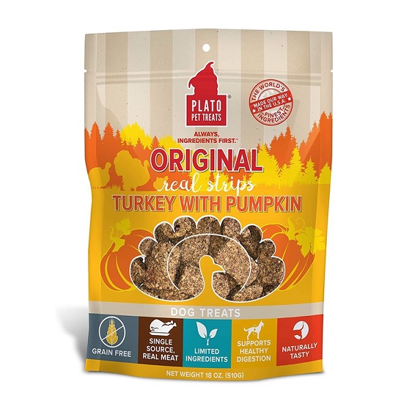 Plato Real Strips Turkey With Pumpkin Grain-Free Dog Treats - 18oz
